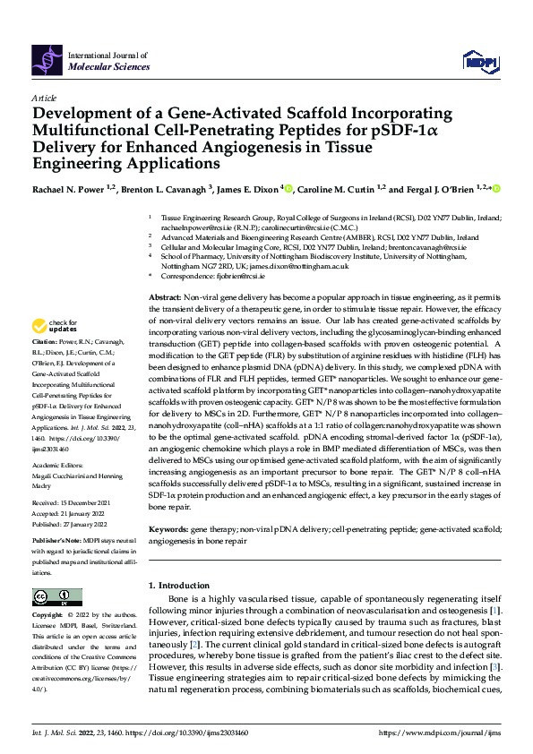 Development of a Gene-Activated Scaffold Incorporating Multifunctional Cell-Penetrating Peptides for pSDF-1α Delivery for Enhanced Angiogenesis in Tissue Engineering Applications Thumbnail