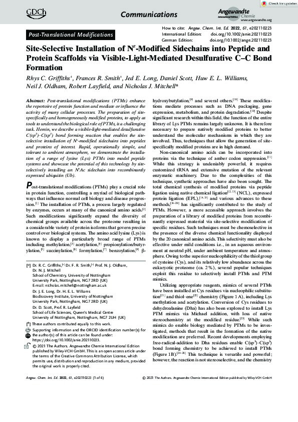 Site-Selective Installation of Nϵ-Modified Sidechains into Peptide and Protein Scaffolds via Visible-Light-Mediated Desulfurative C–C Bond Formation Thumbnail