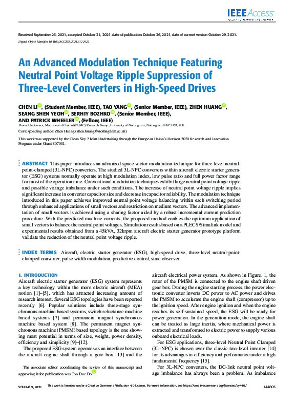 An Advanced Modulation Technique Featuring Neutral Point Voltage Ripple Suppression of Three-Level Converters in High-Speed Drives Thumbnail