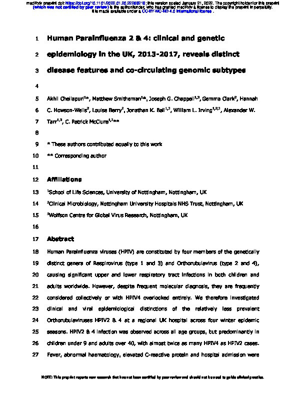 Human Parainfluenza 2 & 4: clinical and genetic epidemiology in the UK, 2013-2017, reveals distinct disease features and co-circulating genomic subtypes Thumbnail