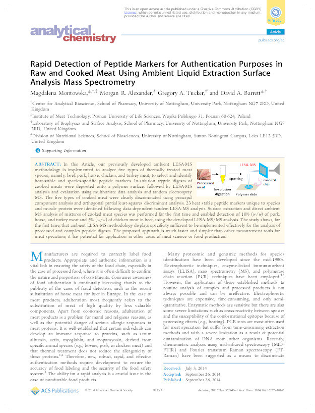 Rapid Detection of Peptide Markers for Authentication Purposes in Raw and Cooked Meat Using Ambient Liquid Extraction Surface Analysis Mass Spectrometry Thumbnail