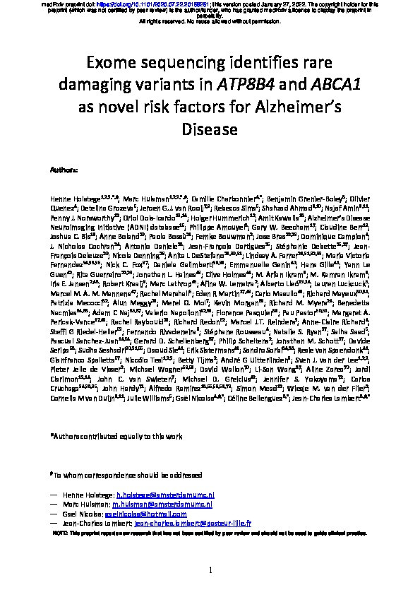 Exome sequencing identifies rare damaging variants in ATP8B4 and ABCA1 as novel risk factors for Alzheimers Disease Thumbnail