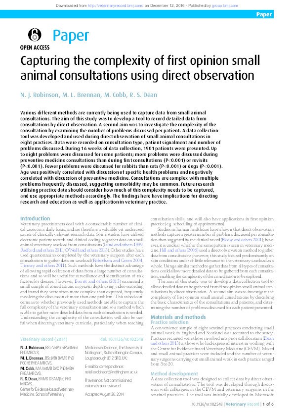 Capturing the complexity of first opinion small animal consultations using direct observation Thumbnail