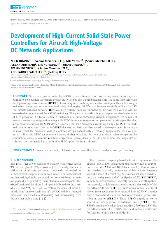 Development of High-Current Solid-State Power Controllers for Aircraft High-Voltage DC Network Applications Thumbnail