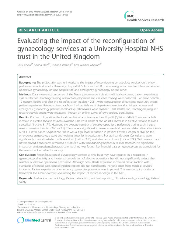Evaluating the impact of the reconfiguration of gynaecology services at a University Hospital NHS trust in the United Kingdom Thumbnail