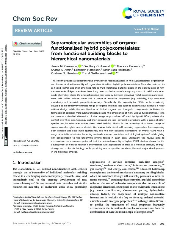 Supramolecular assemblies of organo-functionalised hybrid polyoxometalates: From functional building blocks to hierarchical nanomaterials Thumbnail