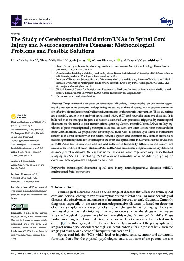 The Study of Cerebrospinal Fluid microRNAs in Spinal Cord Injury and Neurodegenerative Diseases: Methodological Problems and Possible Solutions Thumbnail