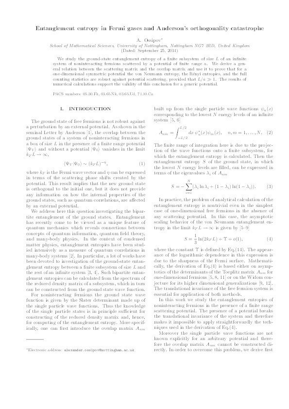 Entanglement entropy in Fermi gases and Anderson's orthogonality catastrophe Thumbnail