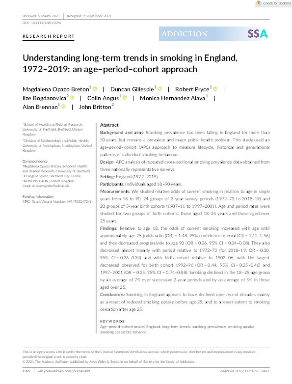 Understanding long-term trends in smoking in England, 1972–2019: an age–period–cohort approach Thumbnail