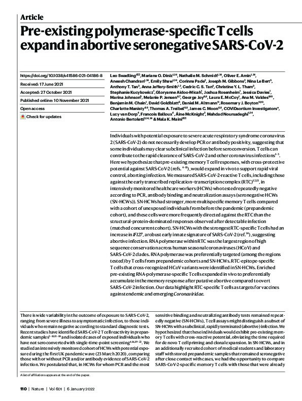 Pre-existing polymerase-specific T cells expand in abortive seronegative SARS-CoV-2 Thumbnail