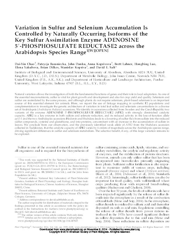 Variation in sulfur and selenium accumulation is controlled by naturally occurring isoforms of the key sulfur assimilation enzyme ADENOSINE 5?-PHOSPHOSULFATE REDUCTASE2 across the arabidopsis species range Thumbnail