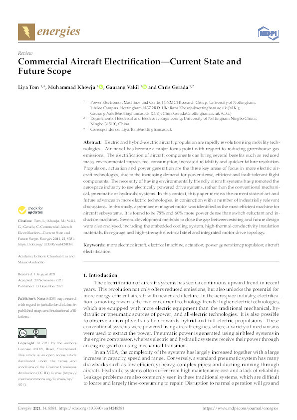 Commercial Aircraft Electrification—Current State and Future Scope Thumbnail