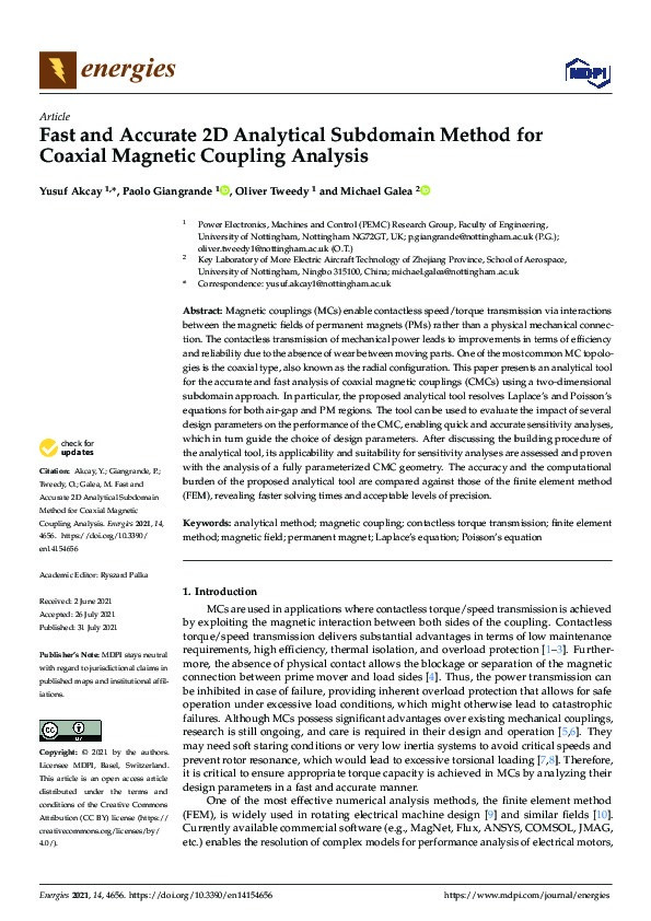 Fast and Accurate 2D Analytical Subdomain Method for Coaxial Magnetic Coupling Analysis Thumbnail