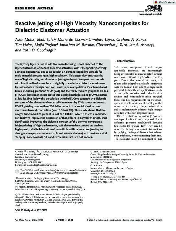 Reactive Jetting of High Viscosity Nanocomposites for Dielectric Elastomer Actuation Thumbnail