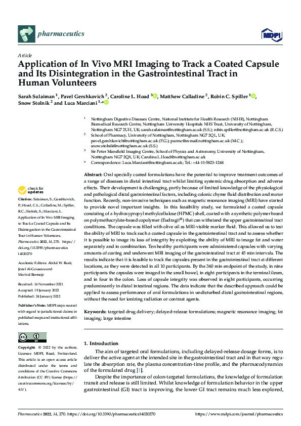 Application of In Vivo MRI Imaging to Track a Coated Capsule and Its Disintegration in the Gastrointestinal Tract in Human Volunteers Thumbnail
