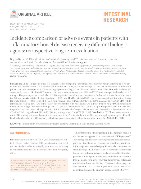 Incidence comparison of adverse events in patients with inflammatory bowel disease receiving different biologic agents: retrospective long-term evaluation Thumbnail