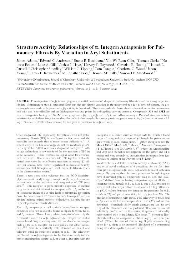 Structure activity relationships of ?v integrin antagonists for pulmonary fibrosis by variation in aryl substituents Thumbnail