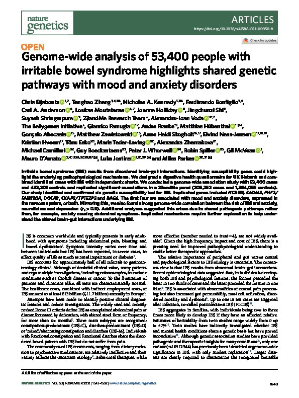 Genome-wide analysis of 53,400 people with irritable bowel syndrome highlights shared genetic pathways with mood and anxiety disorders Thumbnail