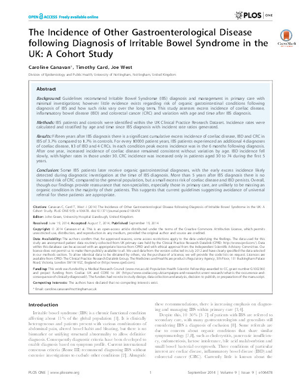 The incidence of other gastroenterological disease following diagnosis of irritable bowel syndrome in the UK: a cohort study Thumbnail