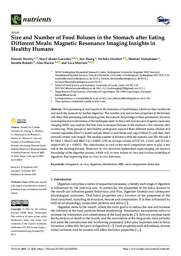 Size and Number of Food Boluses in the Stomach after Eating Different Meals: Magnetic Resonance Imaging Insights in Healthy Humans Thumbnail
