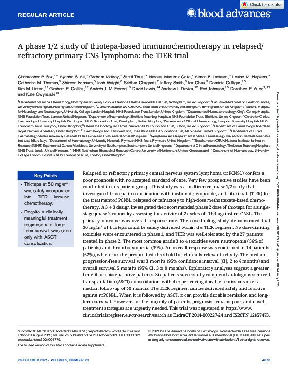 A phase 1/2 study of thiotepa-based immunochemotherapy in relapsed/refractory primary CNS lymphoma: the TIER trial Thumbnail