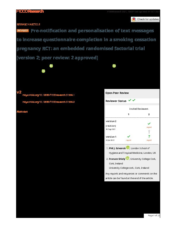 Pre-notification and personalisation of text messages to increase questionnaire completion in a smoking cessation pregnancy RCT: An embedded randomised factorial trial Thumbnail