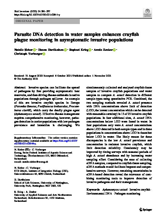 Parasite DNA detection in water samples enhances crayfish plague monitoring in asymptomatic invasive populations Thumbnail