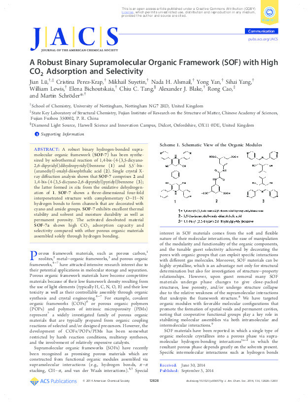 A Robust Binary Supramolecular Organic Framework (SOF) with High CO2 Adsorption and Selectivity Thumbnail