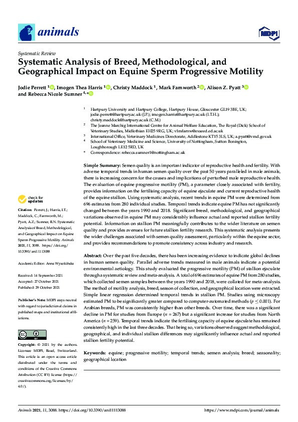 Systematic Analysis of Breed, Methodological, and Geographical Impact on Equine Sperm Progressive Motility Thumbnail