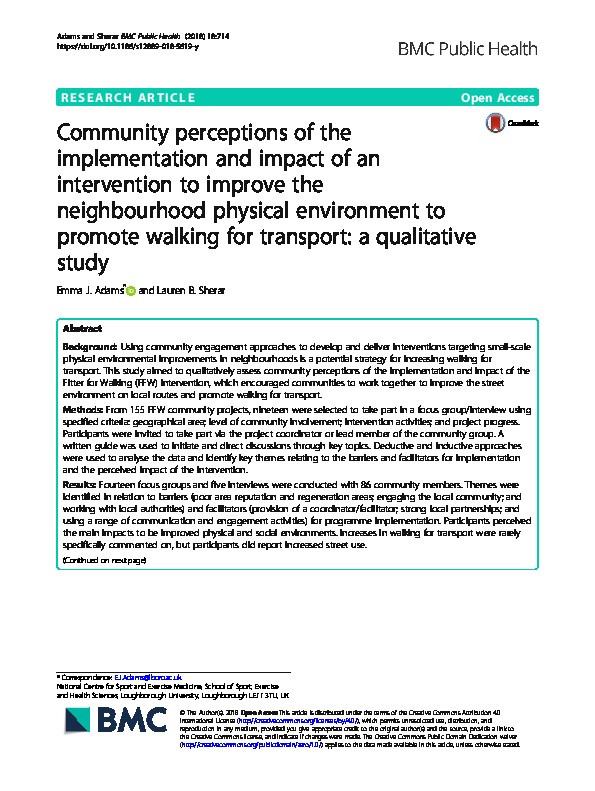 Community perceptions of the implementation and impact of an intervention to improve the neighbourhood physical environment to promote walking for transport: a qualitative study Thumbnail