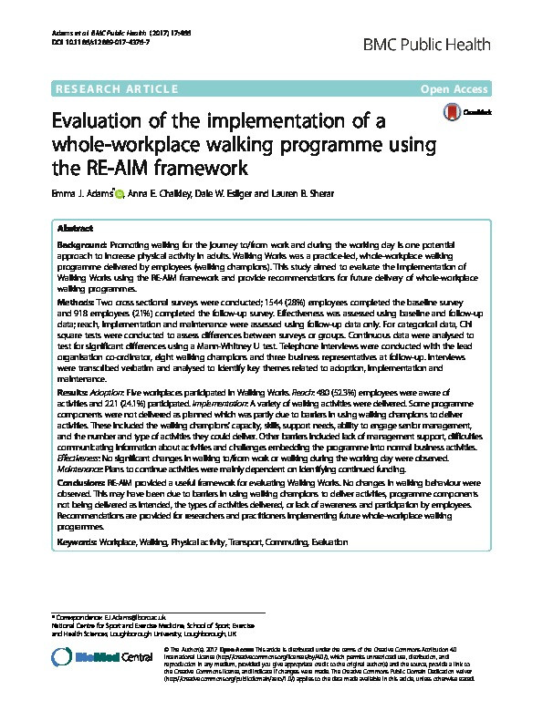 Evaluation of the implementation of a whole-workplace walking programme using the RE-AIM framework Thumbnail