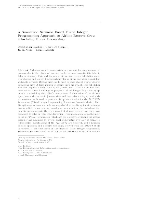 A simulation scenario based mixed integer programming approach to airline reserve crew scheduling under uncertainty Thumbnail