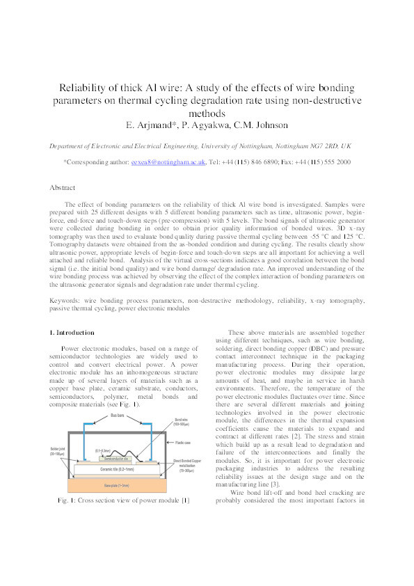 Reliability of thick Al wire: a study of the effects of wire bonding parameters on thermal cycling degradation rate using non-destructive methods Thumbnail