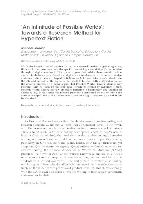 "An infinitude of Possible Worlds": towards a research method for hypertext fiction Thumbnail