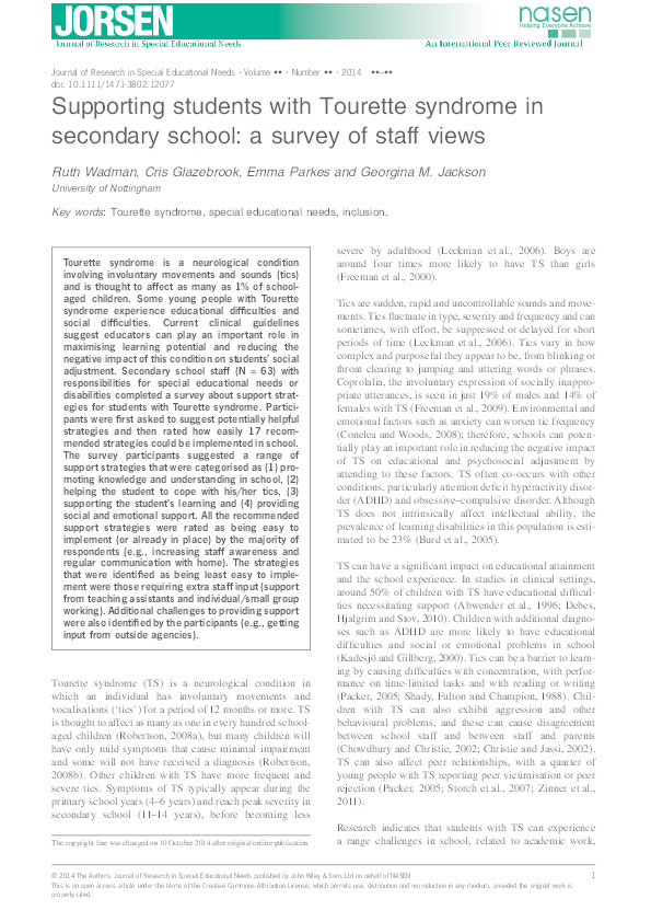 Supporting students with Tourette syndrome in secondary school: a survey of staff views Thumbnail