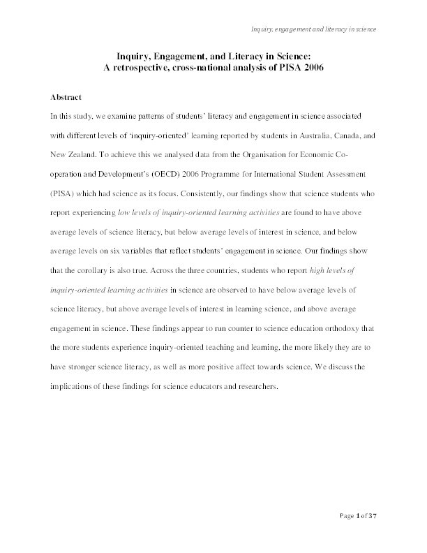Inquiry, engagement, and literacy in science: a retrospective, cross-national analysis of PISA 2006 Thumbnail
