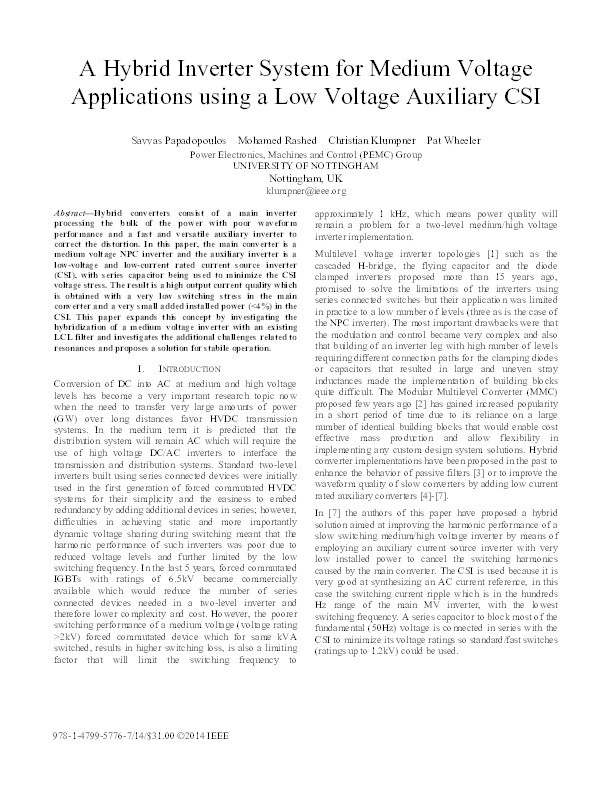 A hybrid inverter system for medium voltage applications using a low voltage auxiliary CSI Thumbnail