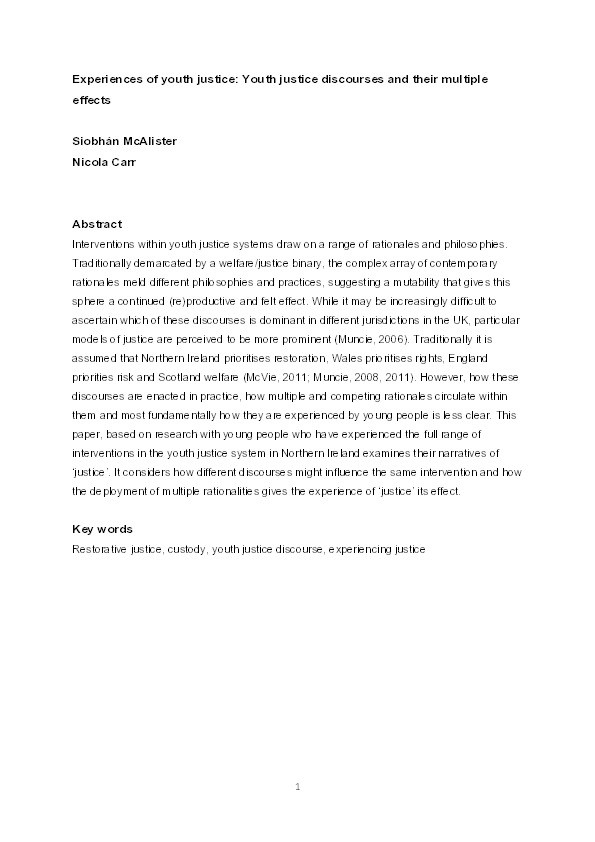 Experiences of youth justice: youth justice discourses and their multiple effects Thumbnail