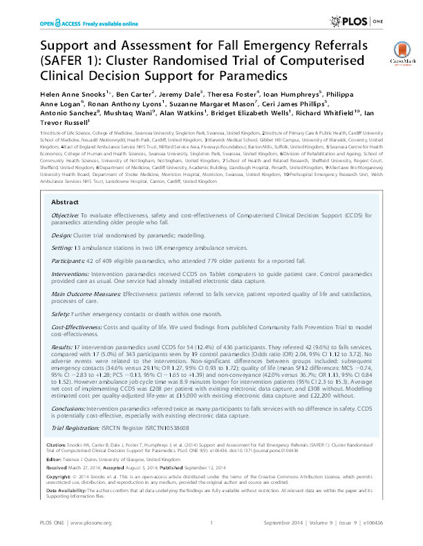 Support and assessment for Fall Emergency Referrals (SAFER 1): cluster randomised trial of computerised clinical decision support for paramedics Thumbnail