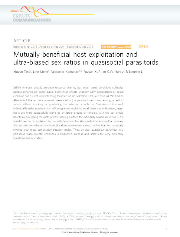 Mutually beneficial host exploitation and ultra-biased sex ratios in quasisocial parasitoids Thumbnail