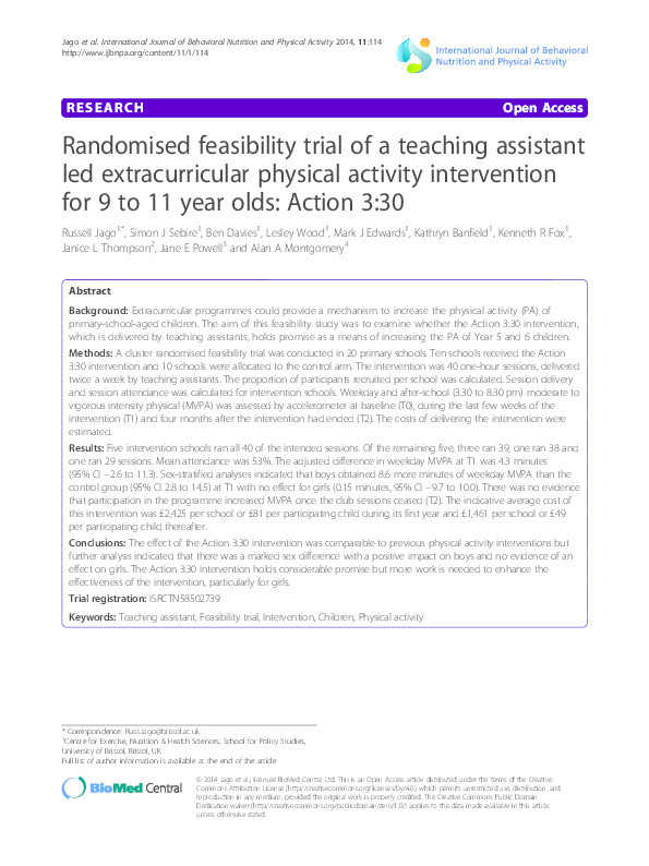 Randomised feasibility trial of a teaching assistant led extracurricular physical activity intervention for 9 to 11 year olds: Action 3:30 Thumbnail