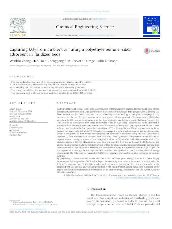 Capturing CO2 from ambient air using a polyethyleneimine–silica adsorbent in fluidized beds Thumbnail