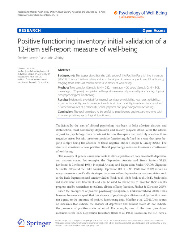 Positive functioning inventory: initial validation of a 12-item self-report measure of well-being Thumbnail