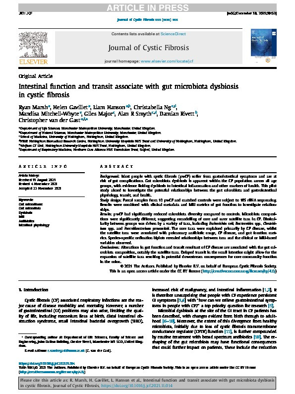 Intestinal function and transit associate with gut microbiota dysbiosis in cystic fibrosis Thumbnail