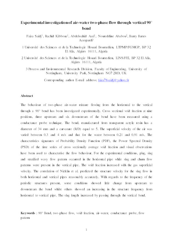 Experimental investigation of air–water two-phase flow through vertical 90° bend Thumbnail