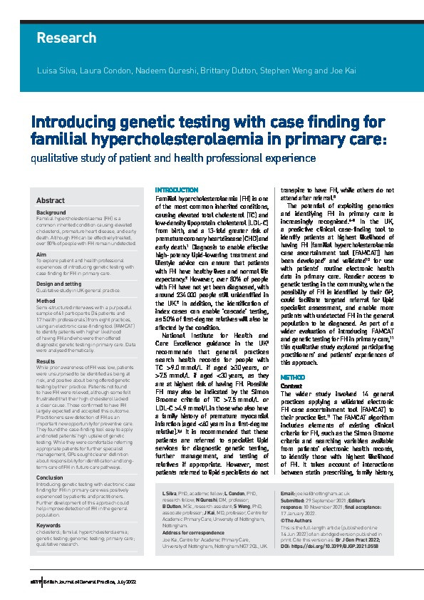 Introducing genetic testing with case finding for familial hypercholesterolaemia in primary care: qualitative study of patient and health professional experience Thumbnail