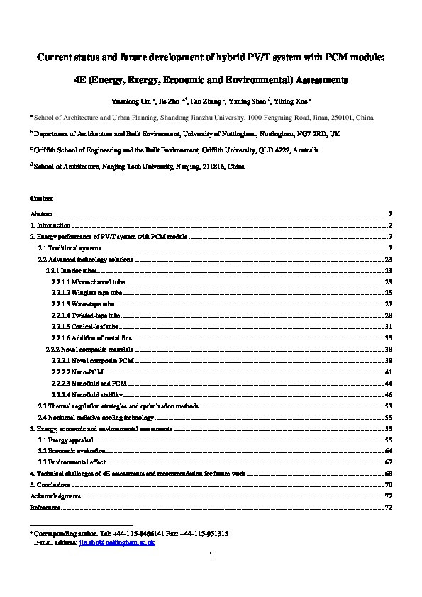 Current status and future development of hybrid PV/T system with PCM module: 4E (energy, exergy, economic and environmental) assessments Thumbnail