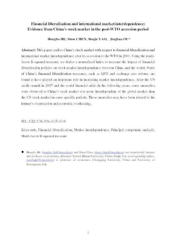 Financial liberalisation and international market interdependence: evidence from China’s stock market in the post-WTO accession period Thumbnail