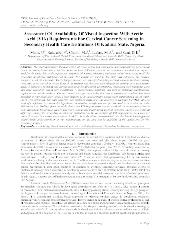 Assessment of availability of visual inspection with acetic –acid (VIA) requirements for cervical cancer screening in secondary health care institutions of Kaduna State, Nigeria Thumbnail