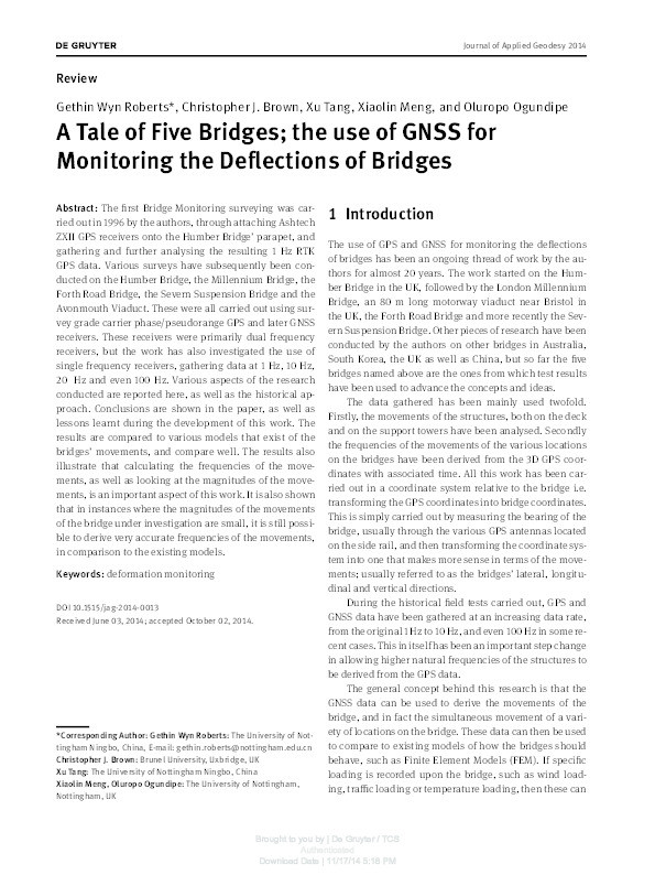 A Tale of Five Bridges; the use of GNSS for Monitoring the Deflections of Bridges Thumbnail